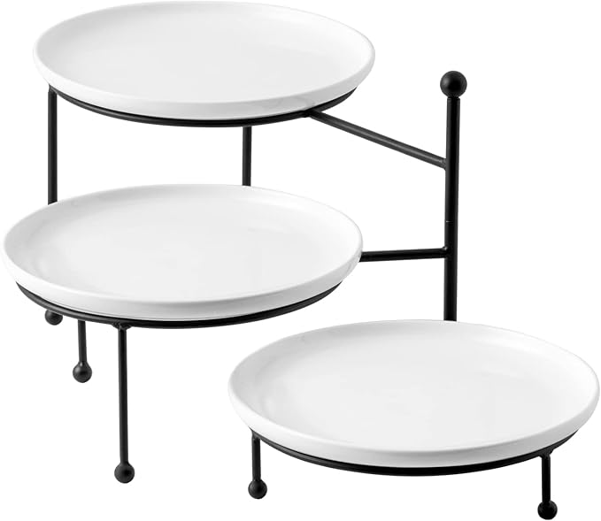 Kanwone 3 Tiered Serving Stand with White Porcelain Plates, 10.3" Round Tray, Dessert Table Display Set, Black Metal Stand, Versatile & Durable