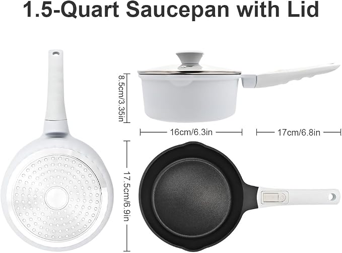 1.5 Quart Sauce Pan with Lid, Small Cooking Pot, White | Nonstick Saucepan with Pour Spout, Detachable Handle, Compatible with All Cooktops, Oven Safe, PFOA PFAS PTFE Free