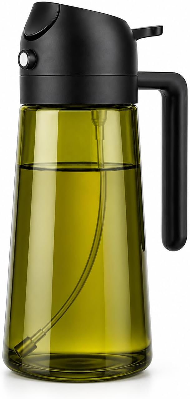 2-in-1 Olive Oil Sprayer & Dispenser, Leakproof 16oz Refillable Glass Spray Bottle for Cooking, Air Fryer & Salad