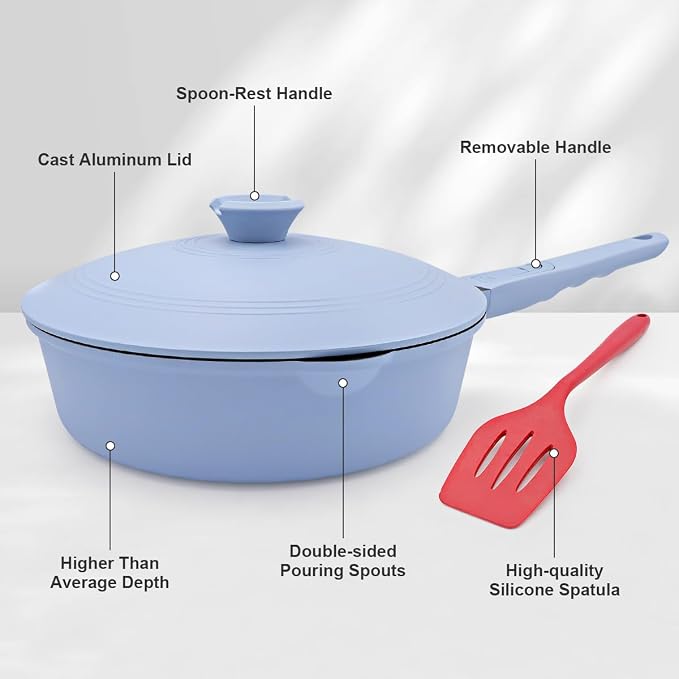 12 Inch Nonstick Deep Frying Pan Skillet with Lid,5 Qt Large Saute Pan,Blue | Detachable Handle, Suitable for All Stoves, Including Induction, PTFE & PFAS & PFOA Free, Oven Safe