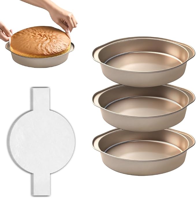 6 Inch Cake Pan, 3PCS Nonstick Round Cake Pans with 50 PCS Parchment Paper, Durable Birthday Circle Cake Baking Pan with Handle for Multi-Layer Cakes, Dishwasher Safe (Gold, 6")