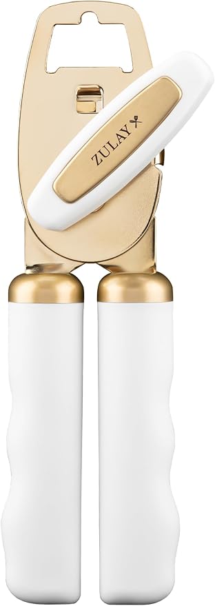 Zulay Kitchen Heavy Duty Stainless Steel Can Opener Manual with Bottle Opener - Rust Proof Manual Can Opener With Turn Knob & Comfy Soft Grip Handles - White & Gold