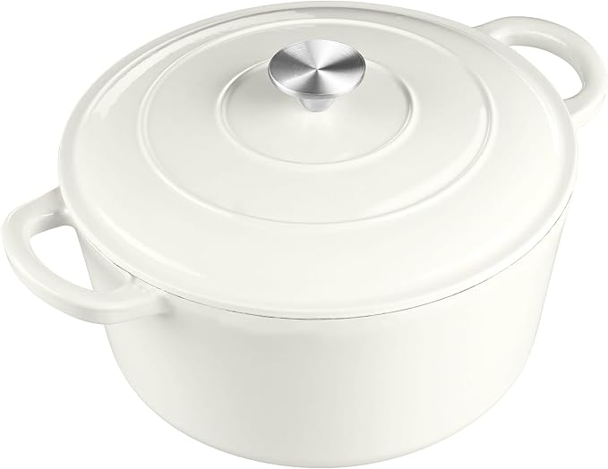 6 Quart Dutch Oven with Lid, Leonyo 6QT Enameled Cast Iron Dutch Oven for Sourdough Bread Baking, Heavy Duty Cookware for Braising, Stews, Roasting, White