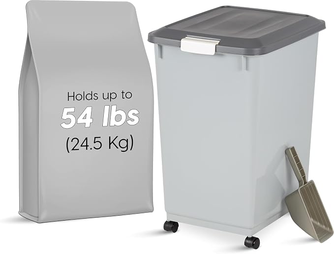 IRIS USA Dog Food Storage Container, Up to 54 lbs, Gray/Dark Gray | Made in USA, Comes with Wheels & 2-Cup Scoop, Airtight Seal, BPA-Free, Bird Seed, Cat food, Cat Litter, Treats, Pellets