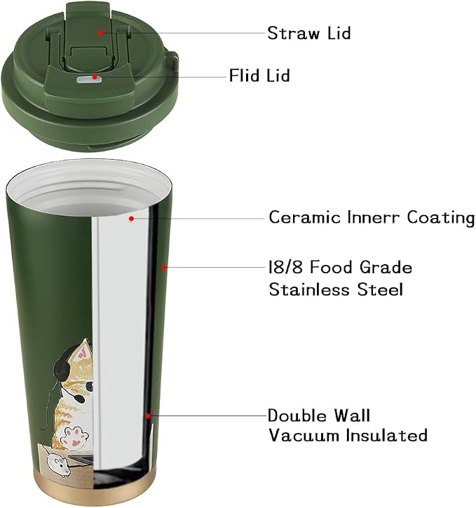 Funkrin Insulated Coffee Mug with Straw & Flip Lid, 16oz Tumbler Cup with Ceramic Coating, Double Wall Vacuum Leak-Proof Travel Mug wiht Tea Infuser for Office School Party Camping