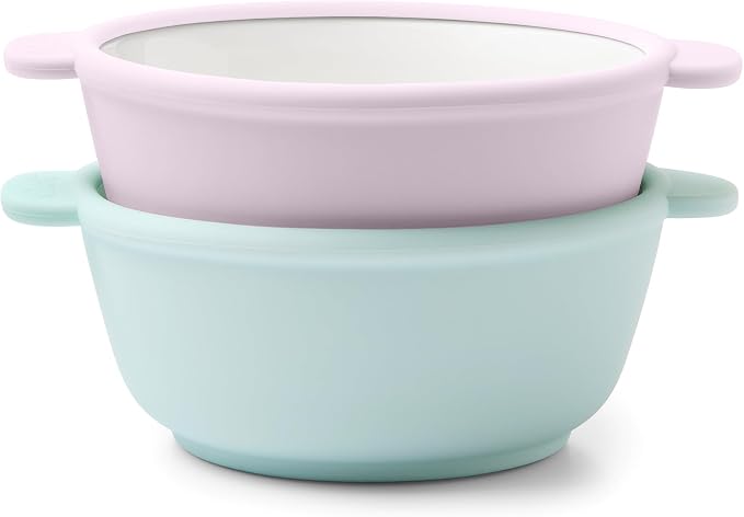 Ello Clean Start Ceramic Toddler Bowls with Sleeves, 2 Pack, Dewdrop/Sugarplum