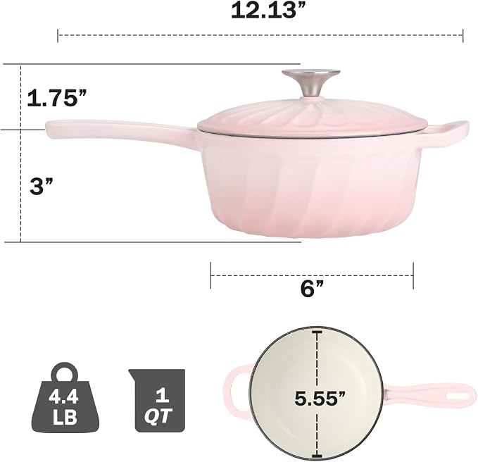Enameled Cast Iron Sauce Pan with Lid, 1 Quart Saucepan with Lid | Dutch Oven with Lid, Small Cast Iron Pot for Cooking Pasta, Soup, Milk, Induction & Oven Safe Up to 500°F, Pink