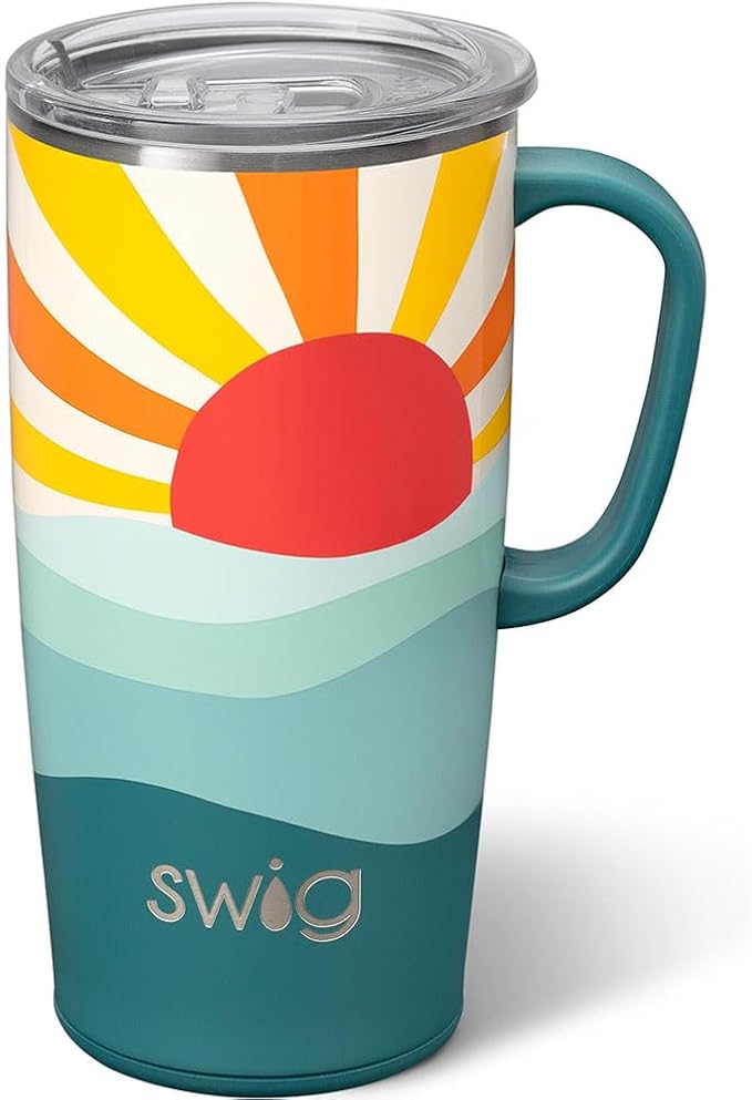 Swig Life 22oz Insulated Travel Mug with Handle & Lid, Sun Dance | Triple Insulated Stainless Steel - Handle & Lid Included - Keeps Coffee Hot or Cold - Cup Holder Friendly