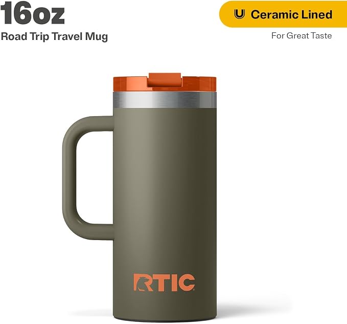 RTIC 16oz Road Trip Travel Mug with Lid and Handle, Ceramic Lined, Insulated, Stainless Steel, Metal, Double Wall Vacuum-Insulation, Portable Coffee, Tea Cup for Hot and Cold Drink, Trailblazer