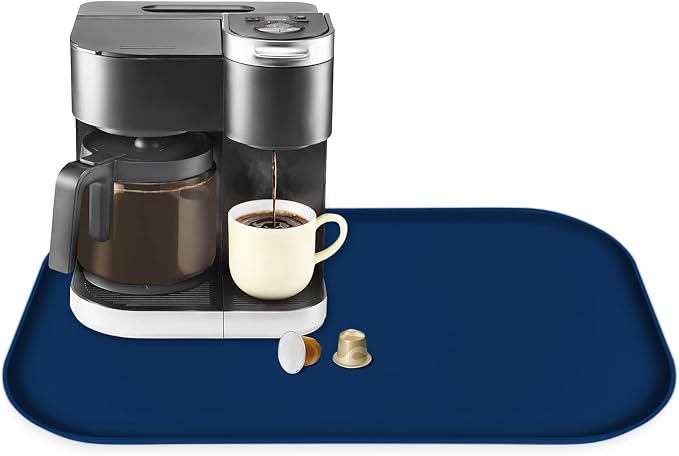 Silicone Coffee Maker Mat with Lip for Countertops, 24'' x 16'' Navy Blue | Multi leak-proof coffee tray for countertop, non-slip silicone mat fits most coffee makers & espresso machines, wipe-clean