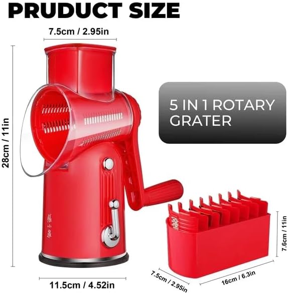 Rotary Cheese Grater Manual Hand Crank with 5 Blades & Suction Base, Kitchen Vegetable Shredder Slicer for Veggie, Nuts, Fruit, Red