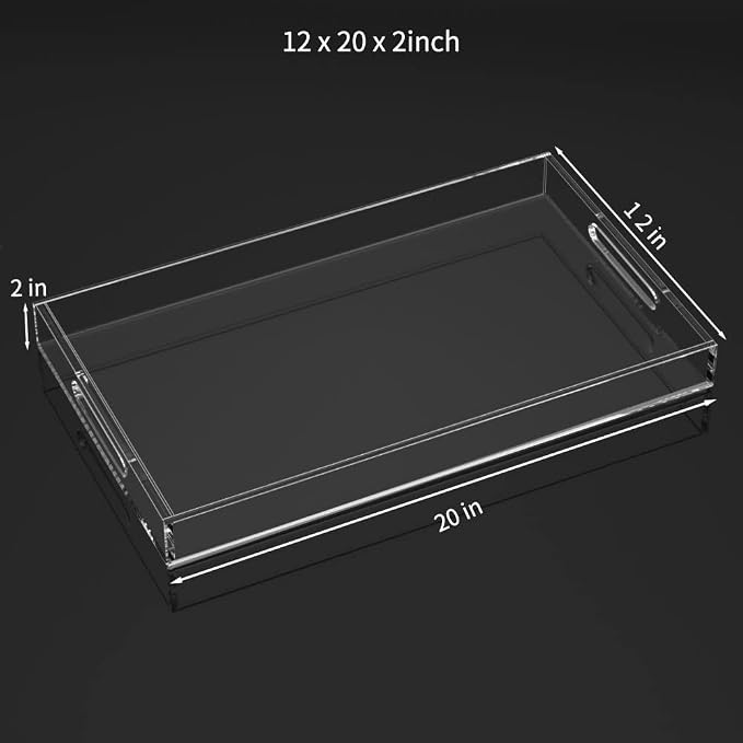 NIUBEE Acrylic Serving Tray 12x20 Inches -Spill Proof- Clear Decorative Tray Organiser for Ottoman Coffee Table Countertop with Handles | Spill-Proof tray for Coffee Table, Ottoman | Decorative Tray for Breakfast in Bed, Drink Serving & Home Organization