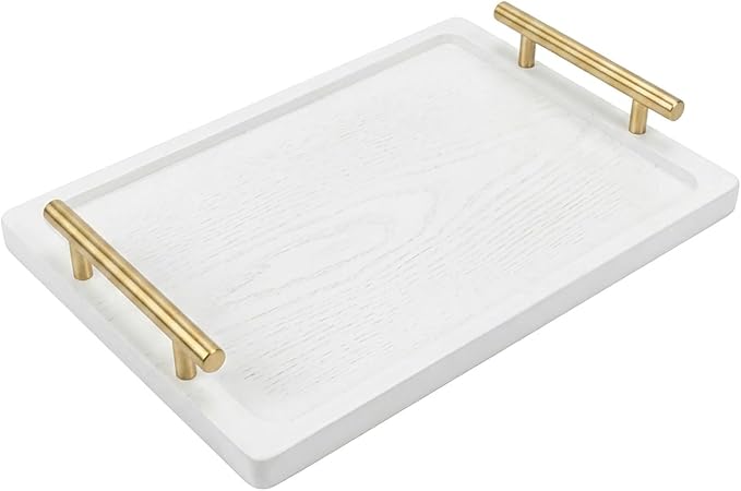 PEKER Wooden Serving Tray with Metal Handles, Black Decorative Coffee Table Tray for Breakfast in Bed, Ottoman & Home Décor, Wooden Food Tray for Kitchen (Bamboo White Large)