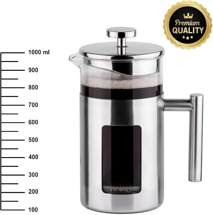 34 Ounce French Press Coffee Maker with Stainless Steel 18/8 frame, 1 Litre Heat Resistant Borosilicate Glass Carafe includes 2 extra French Press Filters and 1 Coffee Spoon