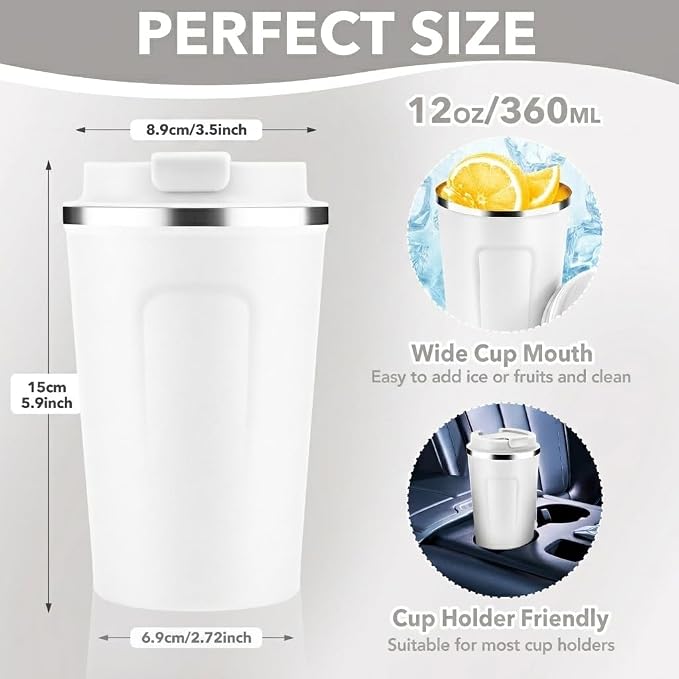 Volhoply 12 oz Double Wall Insulated Vacuum Travel Coffee Mug with Flip Lid,Reusable Stainless Steel Leak Proof Coffee Cup,Portable Iced Cafe Thermal Tumbler Suitable for Hot&Cold Drinks(White,1 Set)