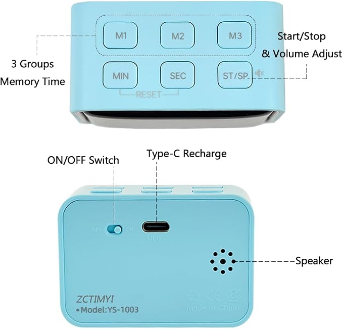 Digital Mini Timer Rechargeable, ON/Off Led Display Count Down/Up, 3 Preset Memory Times Loud Alarm Desk Timer for Kids Classroom Office Kitchen Cooking, Blue