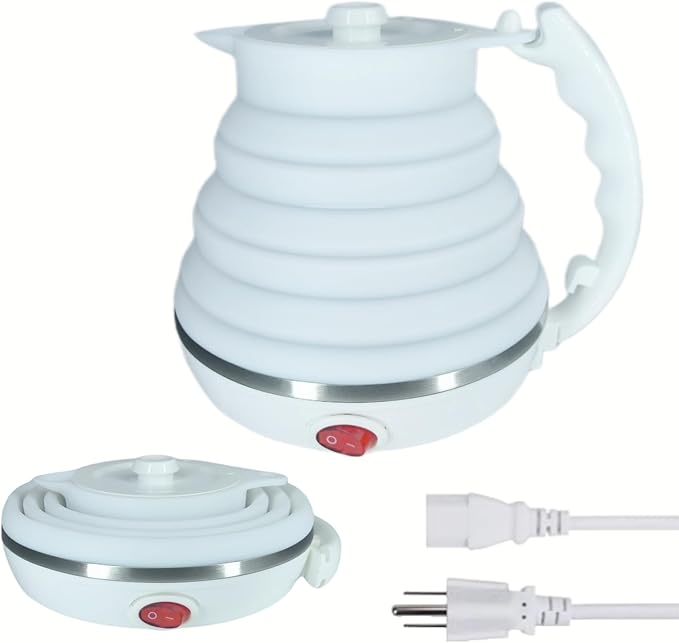 Travel Kettle Electric, Portable Travel Tea Kettle Small, Ultra-thin Collpasible Electric Kettle, Food Grade Silicone Foldable, Auto Shut off and Keep Warm, 110V 555ml (White)