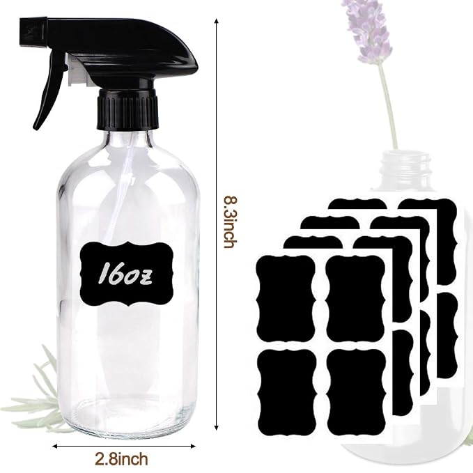 Bontip Glass Spray Bottle 16 oz for Cleaning, Plants (2 Pack, Transparent) | Refillable clear spray bottle Set, BPA-free eco glass, With labels and funnel, Great for cleaners, plant misting, hair care