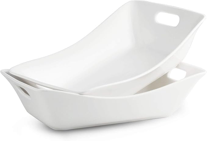 YHOSSEUN Large Serving Bowls with Handles, Serving Dishes For Entertaining | White Serving Dishes, 1.5 Quarts Ceramic Bowl Set Rectangle Serving Platter for Thanksgiving, Set of 2
