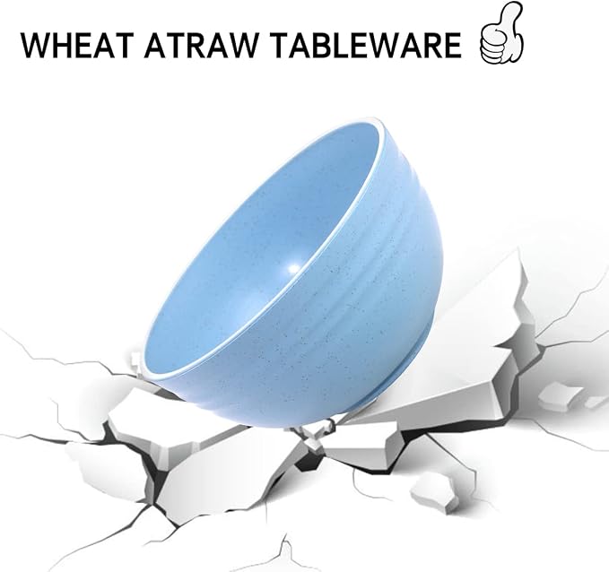 32-Piece Pink Blue Green Beige Wheat Straw Dinnerware Set | Premium reusable plastic plates bowls cups set for wedding party and rv camping, stackable design for easy storage.