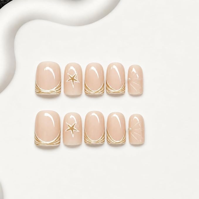 Summer Handmade Press on Nails Starfish Fake Nails Designs Beach Muti-Layer Gel Thick Acrylic Nail Full Cover Beach Handmade Short Square False Nails French Tip Stick on Nail for Women (S)