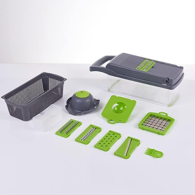 Vegetable Chopper, Onion Dicer & Mandoline Slicer with Container, black | Veggie Cutter with 8 Stainless Steel Blades & Drain Basket. Fast Food Chopper for Salad, Potato, Tomato, Cucumber & Carrot