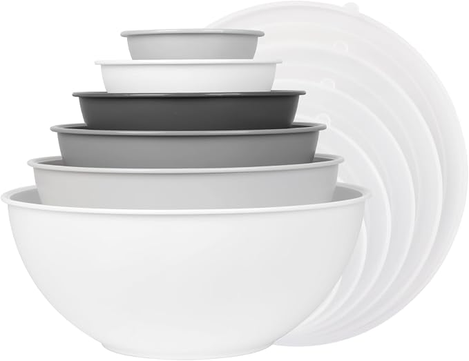 BoxedHome BPA Free Plastic Round Mixing Bowl with Lids, 12 Pack Nesting Bowls with Lids Set, Microwave and Dishwasher Safe Prep & Serving Bowls Great for Mixing, Baking, Serving (White, 12pcs)