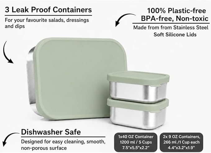 Flexibento Leak Proof 40 OZ Stainless Steel Lunch Box, Silicone Lids, Sage Set of 3