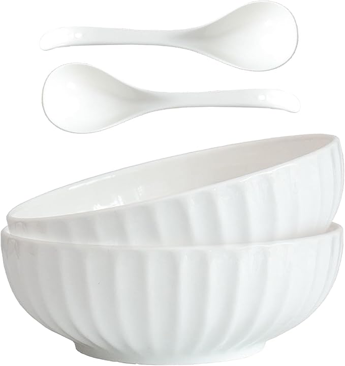 4 Quarts 2 Pcs Extra Large White Serving Bowls with Free Spoons, 12 inch Oversized Big Salad Bowls For Entertaining, Eating, Ceramic Serving Dishes, Pumpkin Serving Bowl Set For Fruit Soup Pasta