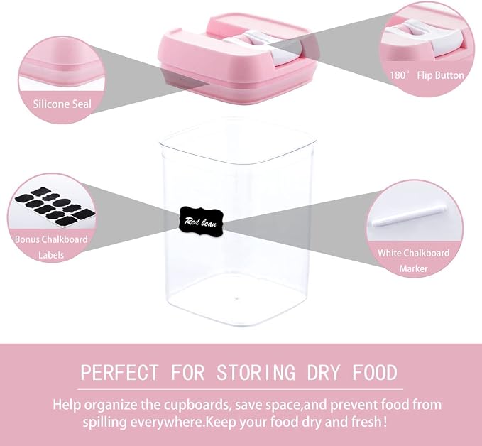 U-QE Airtight Food Storage Container Set-10 Piece BPA Free Clear Plastic Cereal Canisters with Easy Lock Lids-Kitchen & Pantry Organization Containers for Sugar, Flour, Cereal, Labels & Marker(Pink)