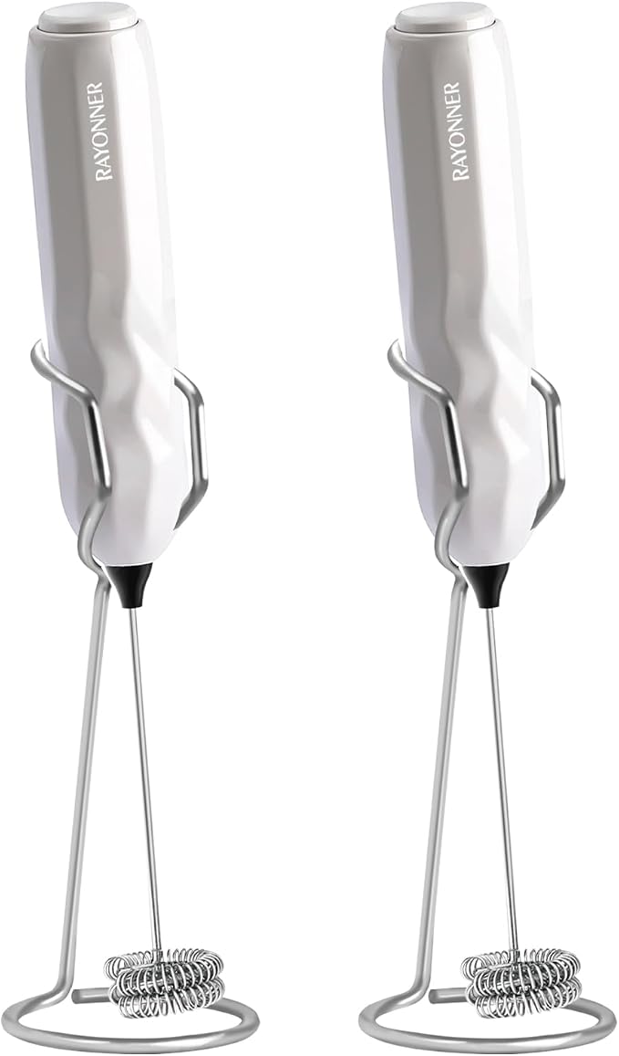 RAYONNER Milk Frother Coffee Frother Foam Maker 2Pack White with Stand | Fast Powerful Drink Mixer, Stainless Steel Whisk, For Coffee, Latte, Matcha