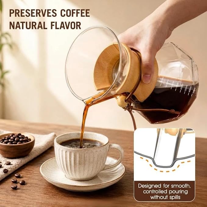 Pour Over Coffee Maker 34oz (1000ml), Borosilicate Glass Carafe with Wooden Handle & Diamond-Shaped Body, Double Layer Stainless Steel Filter, Drip Coffee Brewer for Home Camping Hiking