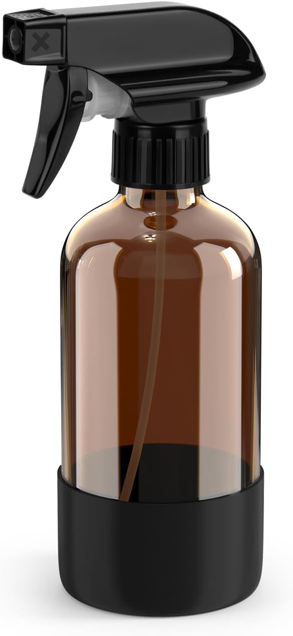 Bontip Amber Glass Spray Bottle, 8 oz with Black Silicone Sleeve, 1 Pack | Refillable amber glass bottle, With protective silicone sleeve, BPA-free, UV shielding, Great for cleaning solutions,plants