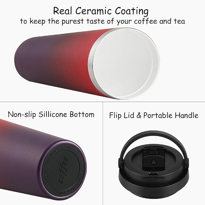 Funkrin Insulated Coffee Mug with Ceramic Coating, 16oz Iced Coffee Tumbler Cup with Flip Lid and Handle, Double Wall Vacuum Leak-Proof Travel Mug for Office School Party Camping