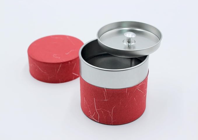 Japanese Pokkan Matcha Coffee Spice Tea Tin Canister Washi Paper Storage with Lid 3.89 oz Capacity (Unryugami Red, S)