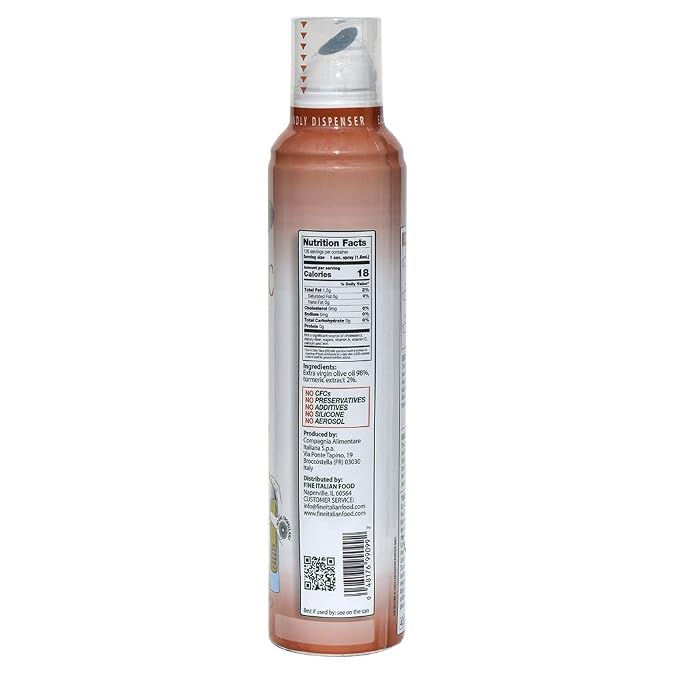 Mantova Turmeric Flavored Extra Virgin Olive Oil Spray, heart-healthy cooking spray perfect for salads, pasta sauces, 100% natural cooking oil made in Italy, olive oil dispenser bottle sprays, drips, or streams with no waste, 8 oz