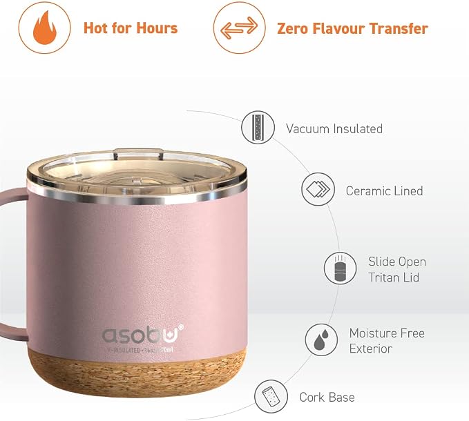 asobu Infinite Stainless Steel Insulated Coffee Mug with Inner Ceramic Coating and Cork Coaster 16 Ounce (Powdered Pink)