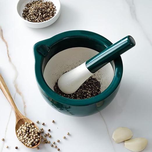 Porcelain Mortar and Pestle Spice Garlic Herb Grinder, Mixing Grinding Bowl Crusher Set, Restaurant Kitchen Tools-Black