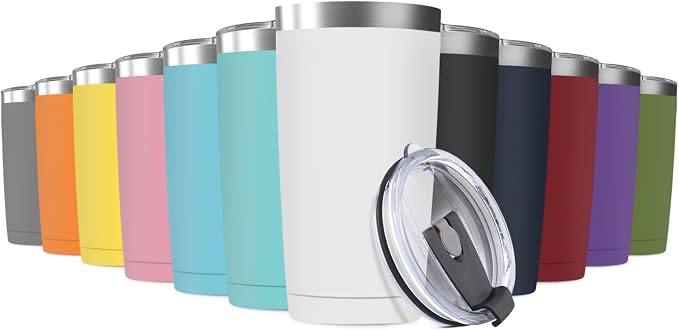 12Pack 20oz Tumbler Vacuum Insulated Travel Mug with Lids, Stainless Steel Double Wall Bulk Cup for Home, Office, Outdoor Suitable for Vehicle Cup Holders （Assorted Colors）