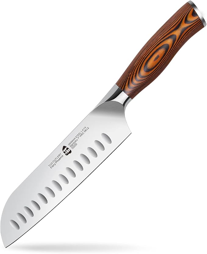 TUO Santoku Knife, 7 inch Japanese Chef Knife for Vegetable Chopping & Meat Dicing, High Carbon German Steel, Ergonomic Handle - Fiery Phoenix Series