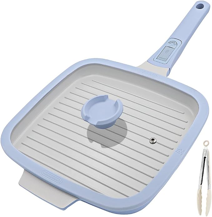 RANX INGST Nonstick Ceramic Griddle Pan with Lid, 10 Inch Steak Pan- Blue | Detachable Handle Induction Compatible