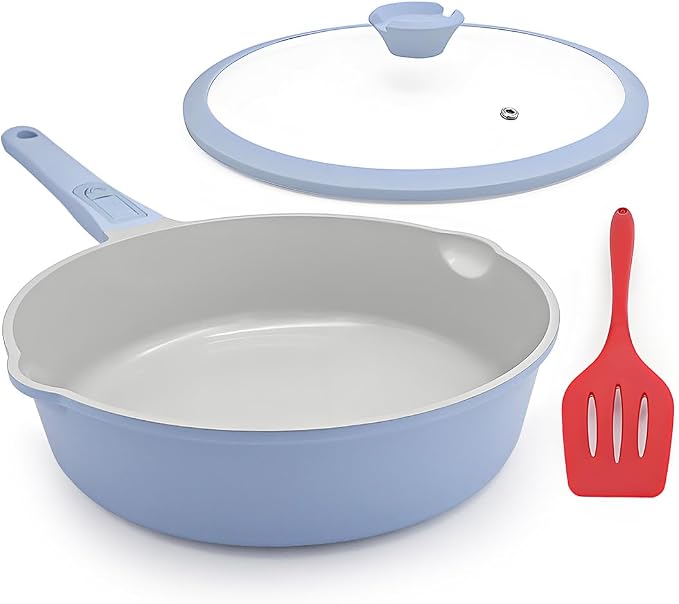 AIKENBBKK Ceramic Frying Pan Skillet with Lid, 12 inch Nonstick Deep Frying Pan for Cooking, 5 QT Large Saute Pan with Detachable Handle, Induction Ready, PTFE & PFAS-Free, Oven Safe, Blue