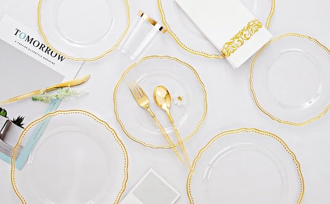 175 Pcs Clear Gold Plastic Plates, Serves 25, for Wedding & Party | Clear plastic plates with elegant gold rim & glitter-handle cutlery. Perfect for weddings. Durable and easy to clean.