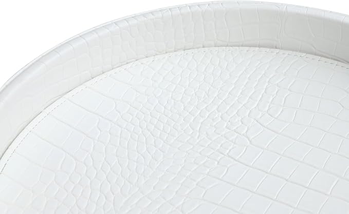 HofferRuffer Faux Leather Round Serving Tray, Vegan Croco Leather Decorative Food Tray for Storage Drinks, Snack & Cosmetics, Dia.12'' x 1.6'' (White Croco, 12'')