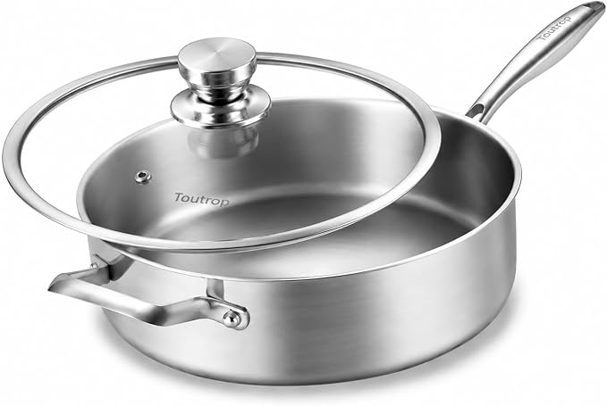 Toutrop Saute Pan,Frynig Pan with Lid,Stainless Steel Cookware,Skillet,Dishwasher and Oven Safe, Works on All Cooktops,Stainless Steel,3QT