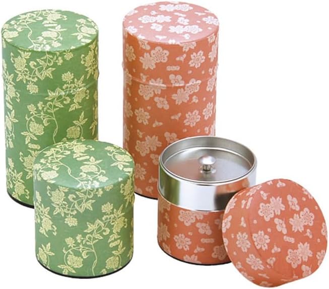 Japanese Pokkan Matcha Coffee Spice Tea Tin Canister Washi Paper Storage with Lid 7.05 oz Capacity (Obaimon)
