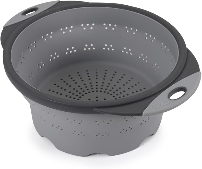 Dexas 10" Collapsible Silicone Colander in Cool Grey, Kitchen Strainer with Handles, 15.1 Cup Capacity | BPA-Free, Heat-Resistant, Space-Saving Kitchen Tool