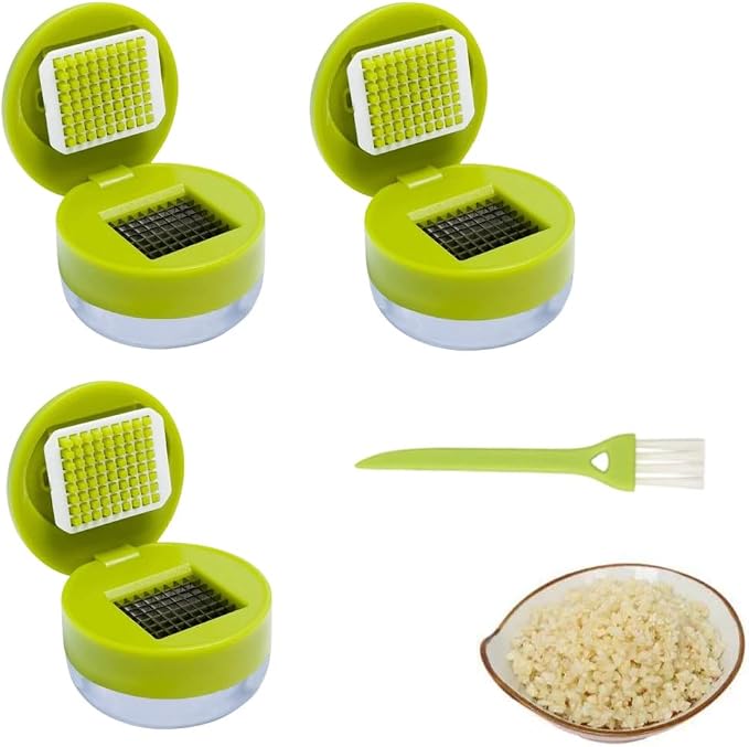 Manual Garlic Masher, Stainless Steel Blade Garlic Mincer Crusher with Peeler and Cleaning Brush, Hand-Press Garlic Chopper Grater for Ginger, Nut, Herb (3PCS)