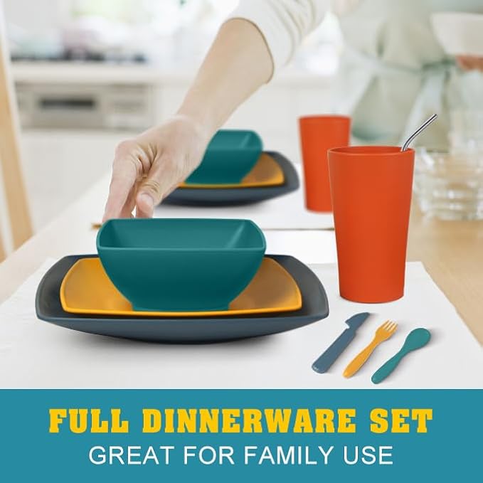 Teivio 88-Piece Kitchen Plastic Wheat Straw Square Dinnerware Sets for 8, Dinner/Salad/Tidbit Plates, Fruit/Snack Bowls, Cups, Flatware, Dishwasher Safe, Unbreakable Outdoor RV Dishes, Fall Multicolor