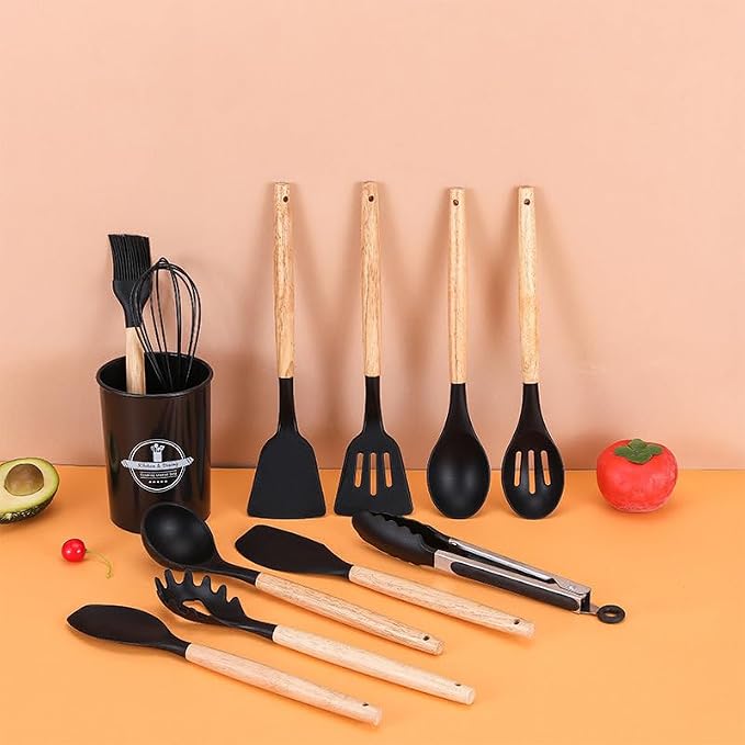 Caboh Silicone Kitchen Utensil Set 12 PCS – Heat Resistant Cooking Tools with Spatula, Serving Spoon, Tongs, Whisk & Holder, Nonstick Safe BPA-Free Kitchen Accessories Set (Black)